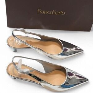 Franco Sarto Silver Metallic Slingback Kitten Heel Pumps, Women's Size 9